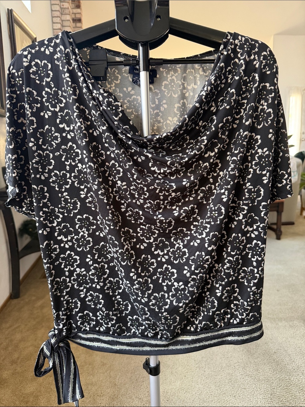 Max Edition Black and White Floral Cowl-Neck Blouse with Side Tie